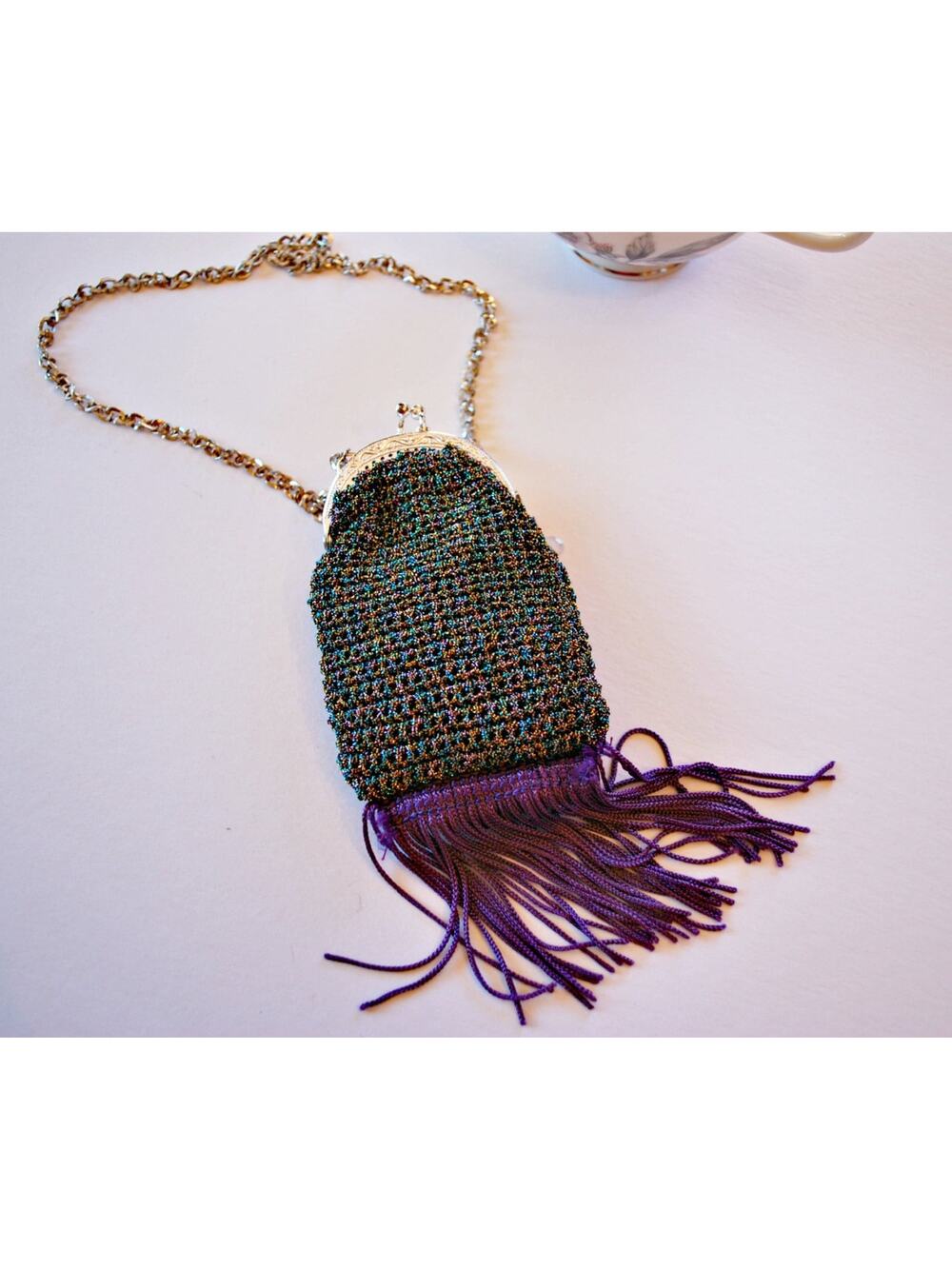 Crocheted Multicolored Metallic Handbag with Purple Fringe, Purse with Chain